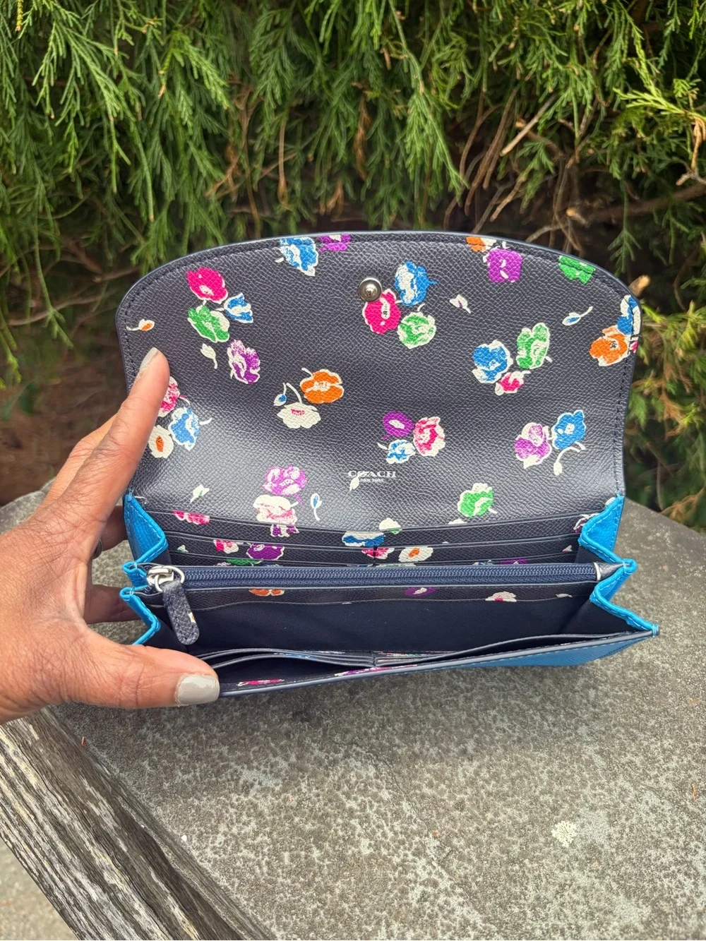 Coach Bright Blue Floral interior Slim Envelope Wallet